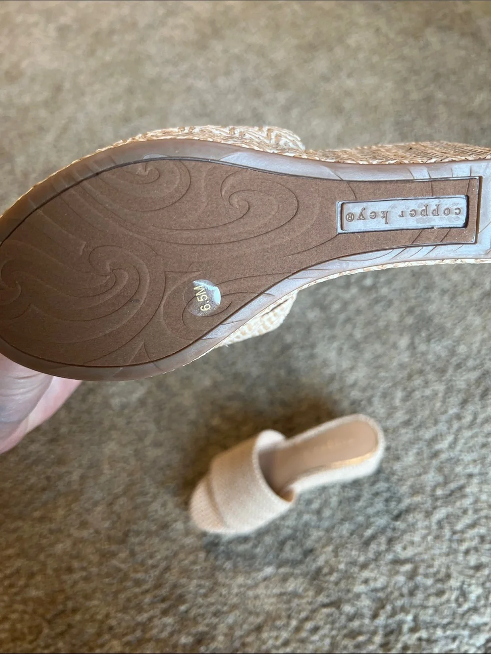 Copper Key Beige Wedge Slide Sandals